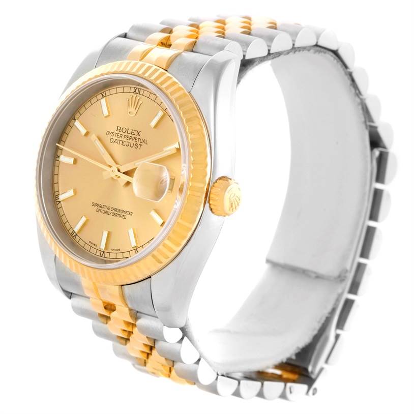The image shows a Rolex Datejust 116233 Men's Stainless Steel Champagne Dial 116233 Men's Stainless Steel Champagne Dial watch at an angled side view, displaying the dial, bezel, crown, and part of the bracelet.