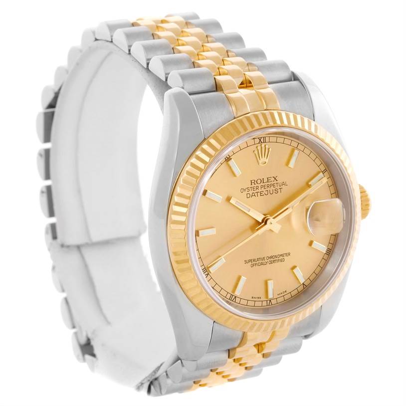 The image shows a Rolex Datejust 116233 Men's Stainless Steel Champagne Dial 116233 Men's Stainless Steel Champagne Dial watch at an angle, highlighting the dial, bezel, and two-tone bracelet.