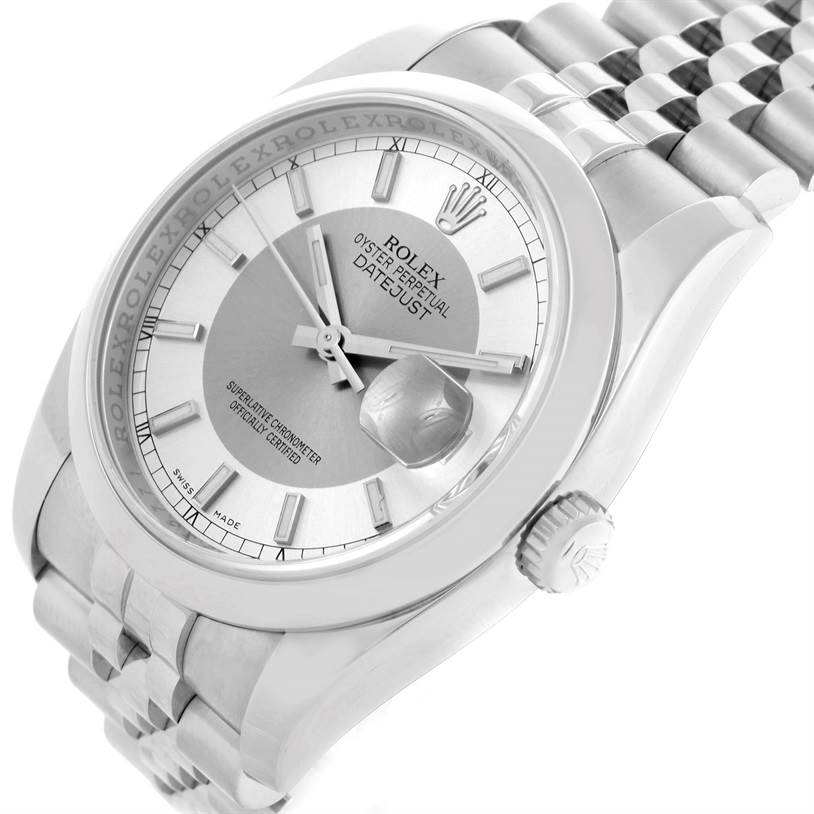 This image shows a close-up angled view of the Rolex Datejust 116200 Men's Stainless Steel Silver Dial 116200 Men's Stainless Steel Silver Dial watch, highlighting the face, bezel, and part of the bracelet.