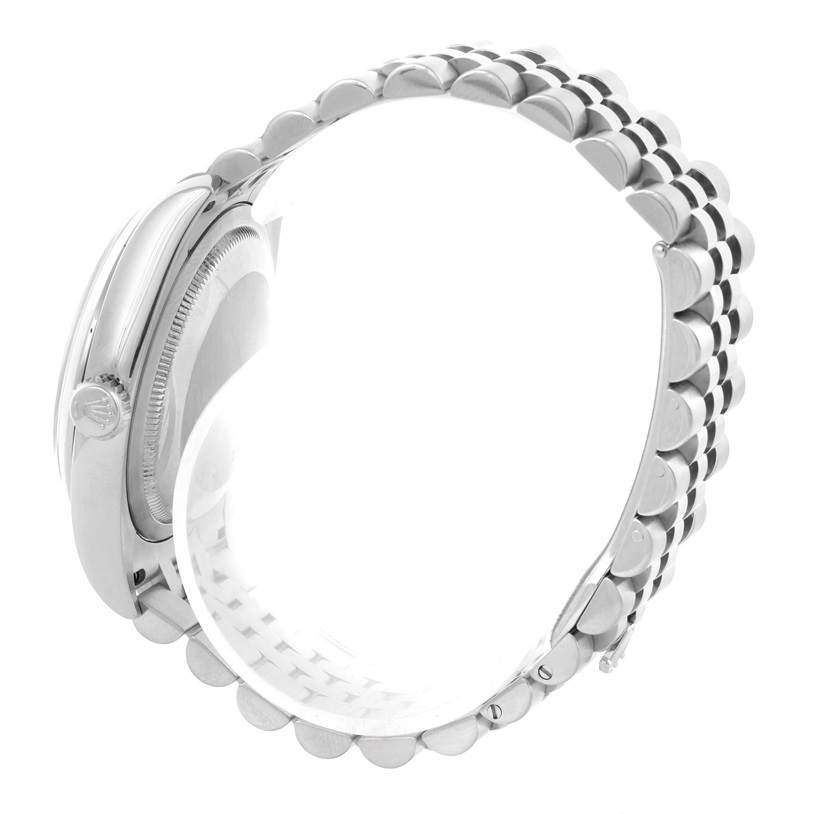 The image shows a side view of a Rolex Datejust 116200 Men's Stainless Steel Silver Dial 116200 Men's Stainless Steel Silver Dial watch focusing on the casing and bracelet.