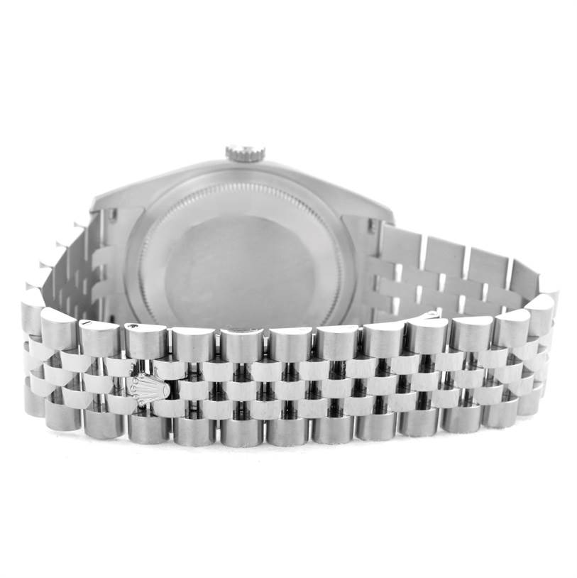 The image shows the Rolex Datejust 116200 Men's Stainless Steel Silver Dial 116200 Men's Stainless Steel Silver Dial watch from the back, focusing on the bracelet and the case back.
