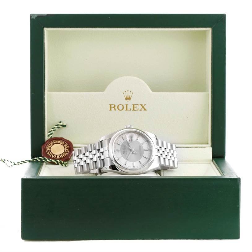 The image shows a front angle of the Rolex Datejust 116200 Men's Stainless Steel Silver Dial 116200 Men's Stainless Steel Silver Dial watch in its open green box.