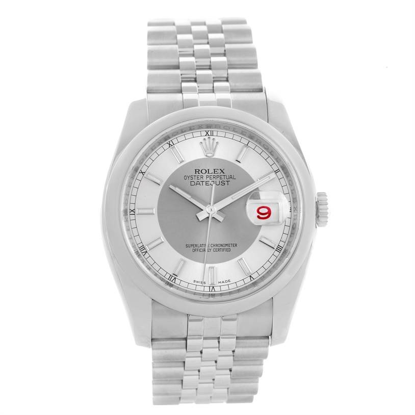 This Rolex Datejust 116200 Men's Stainless Steel Silver Dial 116200 Men's Stainless Steel Silver Dial model is shown from the front, displaying its dial, bezel, and bracelet.