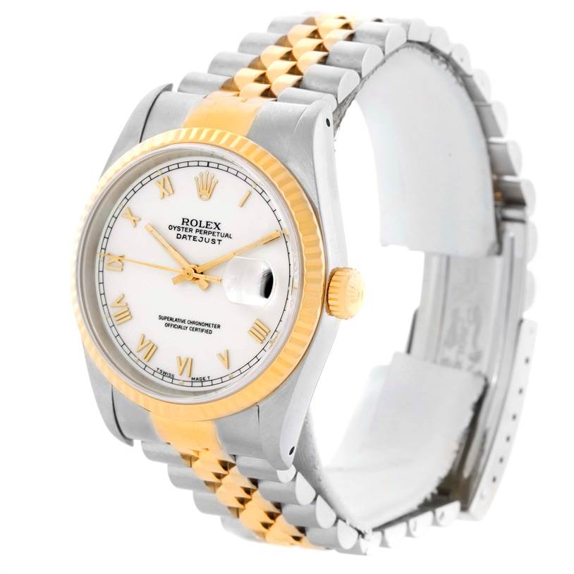 The image shows a Rolex Datejust 16233 Men's Steel and Gold (two tone) White Dial 16233 Men's Steel and Gold (two tone) White Dial watch at a front-left angle, highlighting the two-tone bracelet, bezel, and dial.
