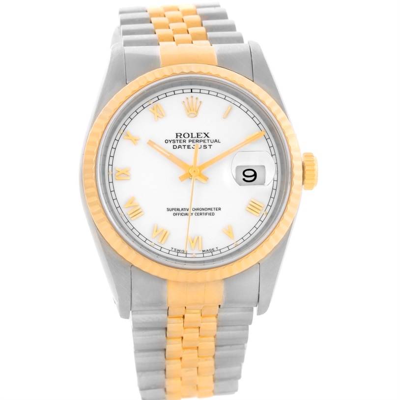 The Rolex Datejust 16233 Men's Steel and Gold (two tone) White Dial 16233 Men's Steel and Gold (two tone) White Dial watch is shown from a front angle, displaying its dial, fluted bezel, crown, and Jubilee bracelet.