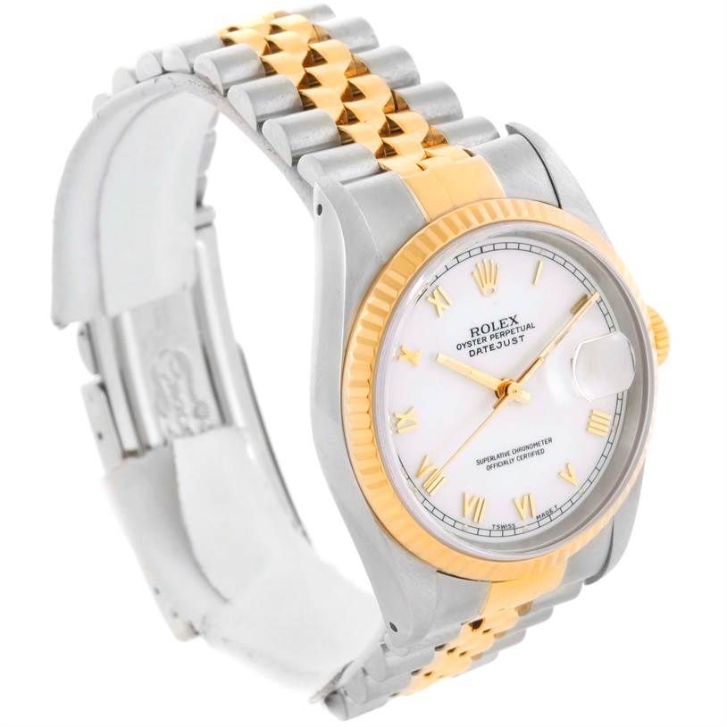 The image shows a Rolex Datejust 16233 Men's Steel and Gold (two tone) White Dial 16233 Men's Steel and Gold (two tone) White Dial watch at a three-quarter angle highlighting its face, two-tone bracelet, and fluted bezel.