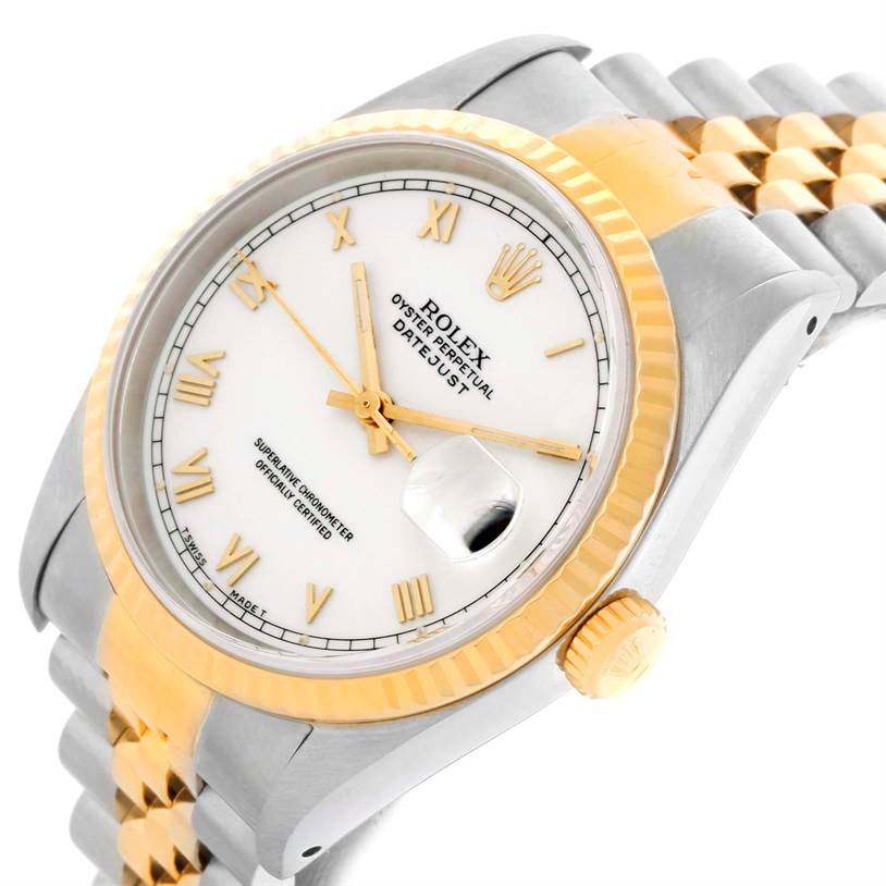 The image shows a Rolex Datejust 16233 Men's Steel and Gold (two tone) White Dial 16233 Men's Steel and Gold (two tone) White Dial watch at an angled view, highlighting its gold bezel, white dial, and two-tone bracelet.