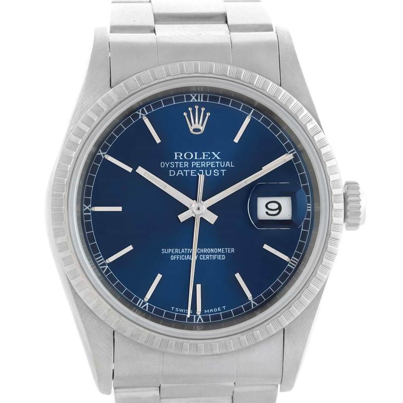 The Rolex Datejust 16220 Men
s Stainless Steel Blue Dial 16220 Men
s Stainless Steel Blue Dial watch is shown in a front-facing view, highlighting its face, bezel, crown, and a portion of its bracelet.