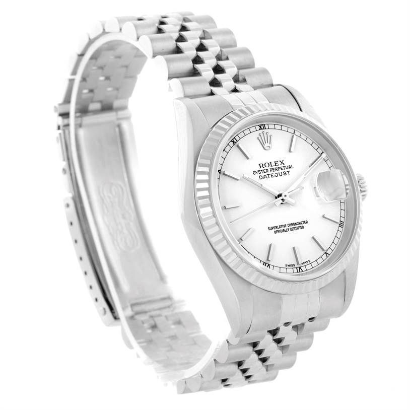 This image displays a Rolex Datejust 16234 Men's Stainless Steel White Dial 16234 Men's Stainless Steel White Dial model at an angle showing the watch face, bezel, bracelet, and clasp.