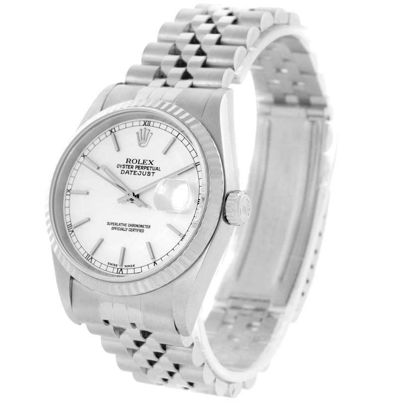 The Rolex Datejust 16234 Men's Stainless Steel White Dial 16234 Men's Stainless Steel White Dial watch is shown at a slight angle, highlighting the dial, case, crown, and bracelet.