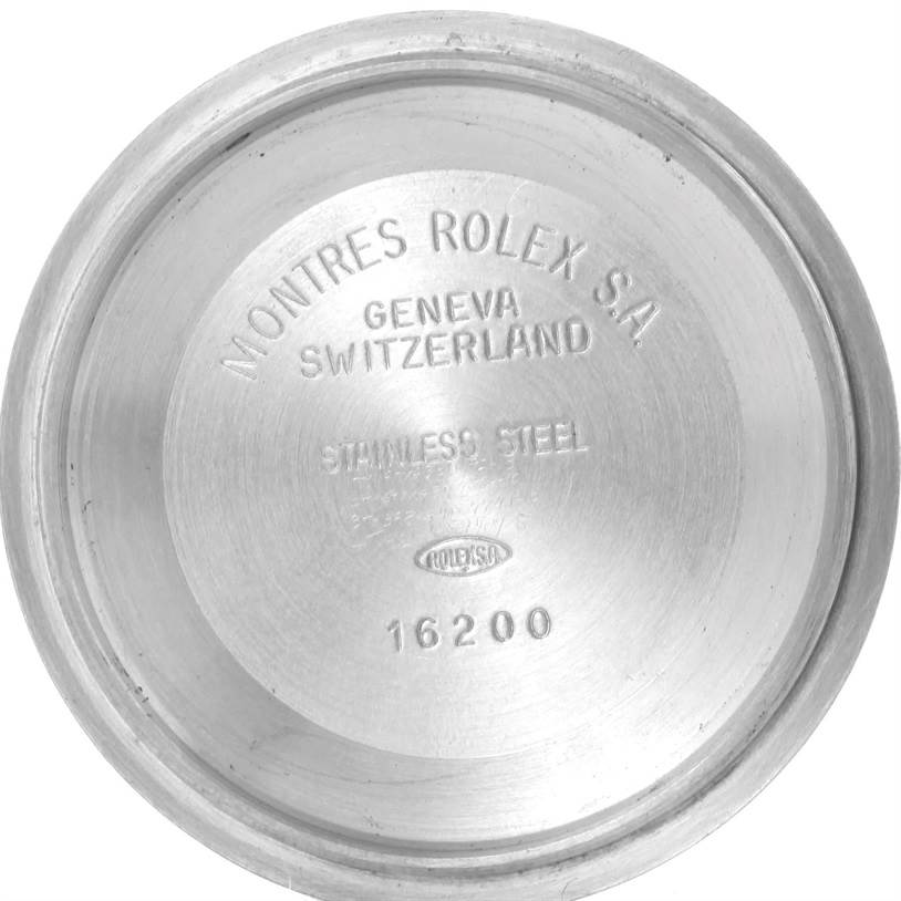 This image shows the inside case back of a Rolex Datejust 16234 Men's Stainless Steel White Dial 16234 Men's Stainless Steel White Dial watch, model number 16200, displaying the brand and specifications.