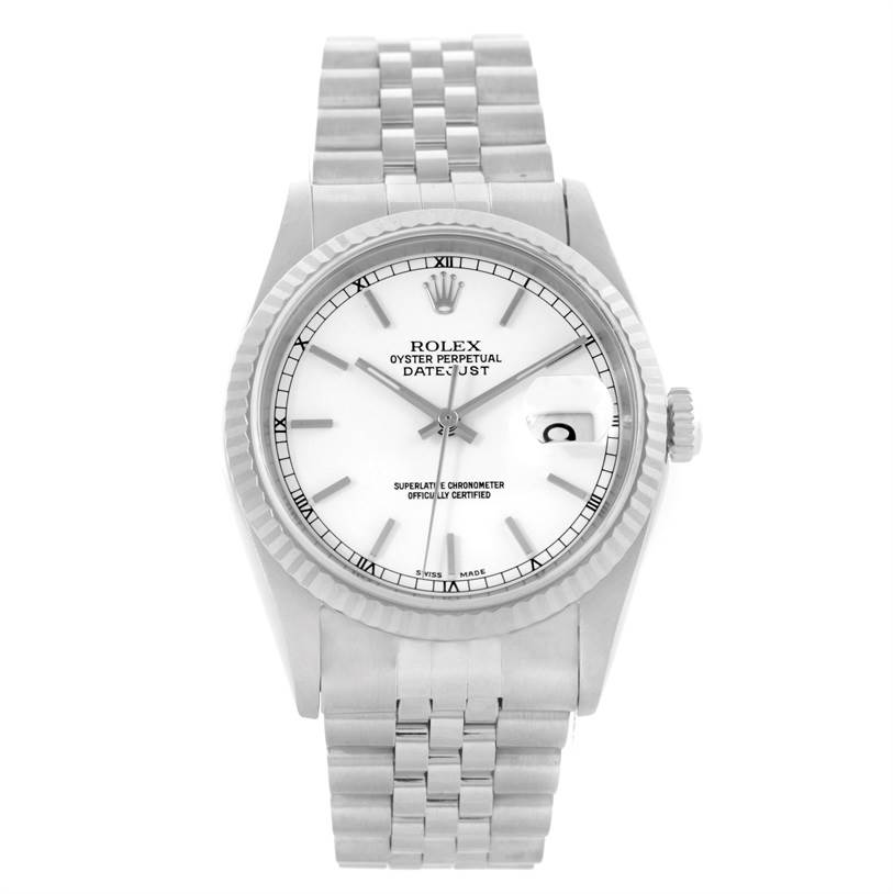 The image shows a front view of a Rolex Datejust 16234 Men's Stainless Steel White Dial 16234 Men's Stainless Steel White Dial watch displaying the face, bezel, and bracelet.