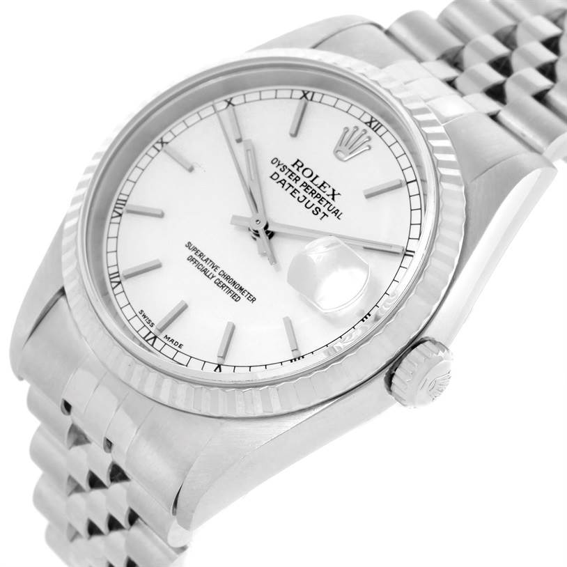 This image shows a Rolex Datejust 16234 Men's Stainless Steel White Dial 16234 Men's Stainless Steel White Dial watch at a slight angle highlighting its dial, bezel, crown, and part of the bracelet.