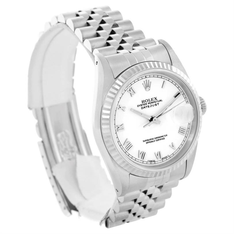 The image shows the front and side view of the Rolex Datejust 16234 Men's Stainless Steel White Dial 16234 Men's Stainless Steel White Dial watch, highlighting its dial, bezel, and bracelet.