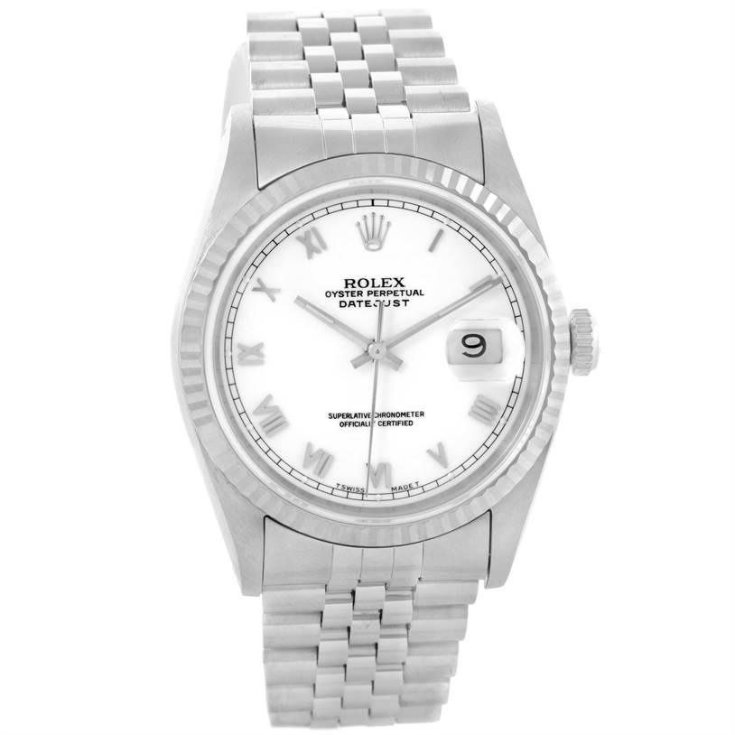 This image shows a front view of a Rolex Datejust 16234 Men's Stainless Steel White Dial 16234 Men's Stainless Steel White Dial watch, highlighting the face, bezel, and bracelet.