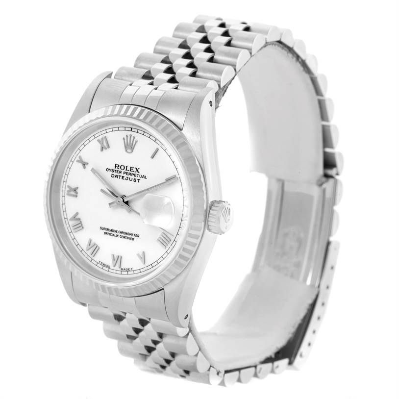 The Rolex Datejust 16234 Men's Stainless Steel White Dial 16234 Men's Stainless Steel White Dial watch is shown at an oblique angle, highlighting its face, case, crown, and bracelet.