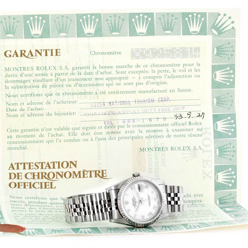 The image shows a Rolex Datejust 16234 Men's Stainless Steel White Dial 16234 Men's Stainless Steel White Dial watch from a front angle, accompanied by an official chronometer certification and warranty document.