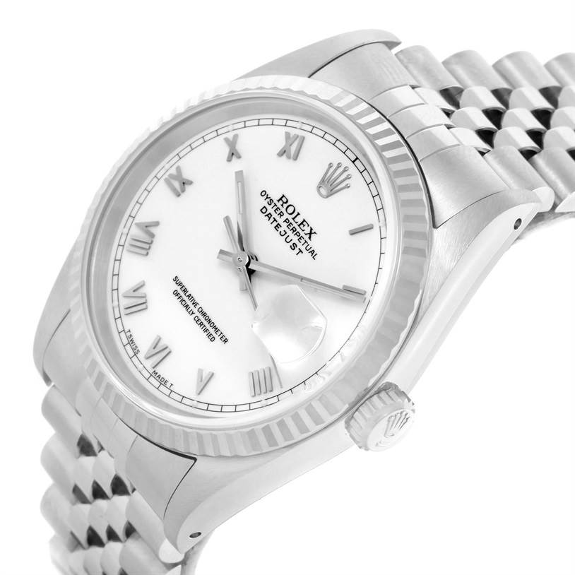 The image shows a Rolex Datejust 16234 Men's Stainless Steel White Dial 16234 Men's Stainless Steel White Dial watch angled from slightly below, highlighting the dial, case, crown, and part of the bracelet.