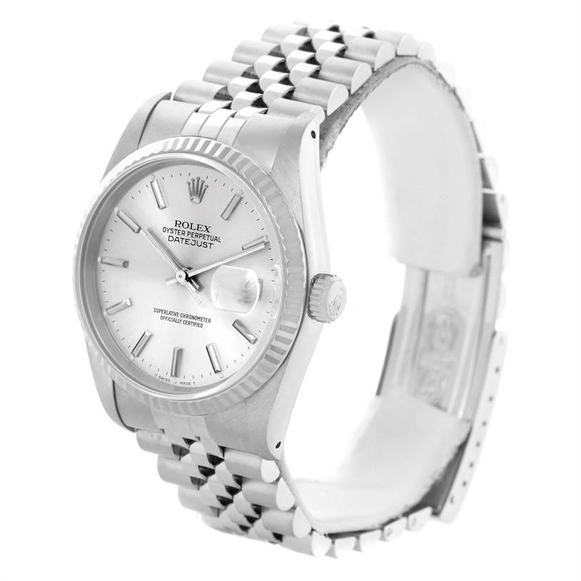The Rolex Datejust 16234 Men's Stainless Steel Silver Dial 16234 Men's Stainless Steel Silver Dial watch is shown at a three-quarter angle, displaying its dial, bezel, crown, and bracelet.