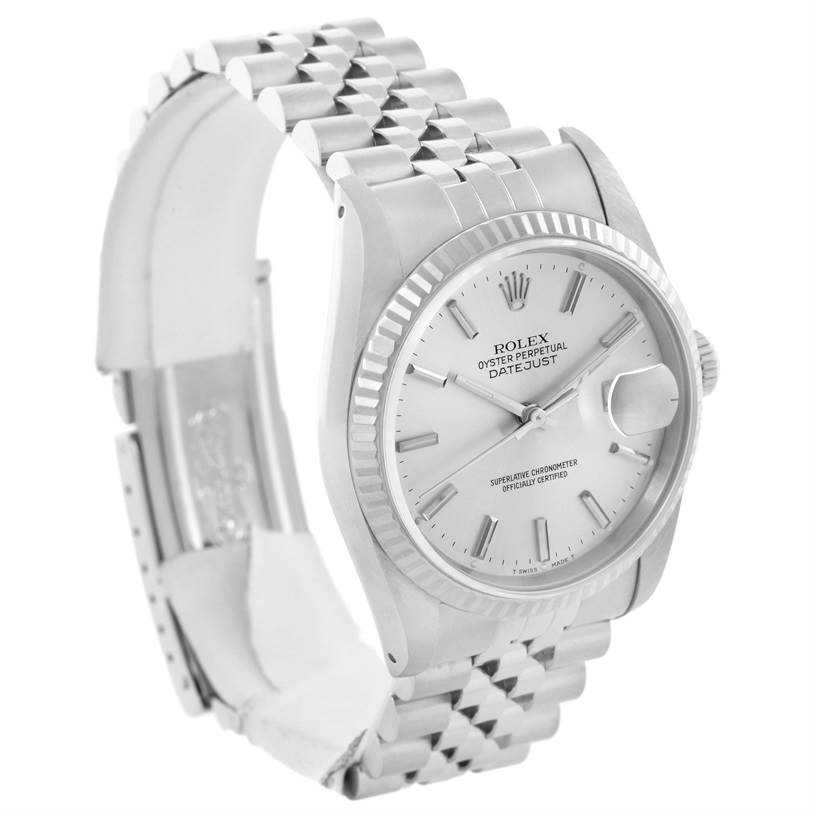 The Rolex Datejust 16234 Men's Stainless Steel Silver Dial 16234 Men's Stainless Steel Silver Dial watch is shown at a three-quarter angle, highlighting the face, bezel, and Jubilee bracelet.
