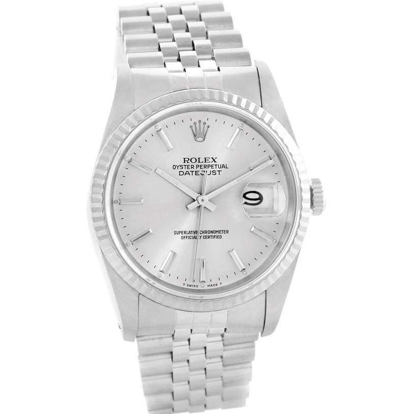 The image shows a Rolex Datejust 16234 Men's Stainless Steel Silver Dial 16234 Men's Stainless Steel Silver Dial watch from a front angle, displaying its dial, bezel, and bracelet.