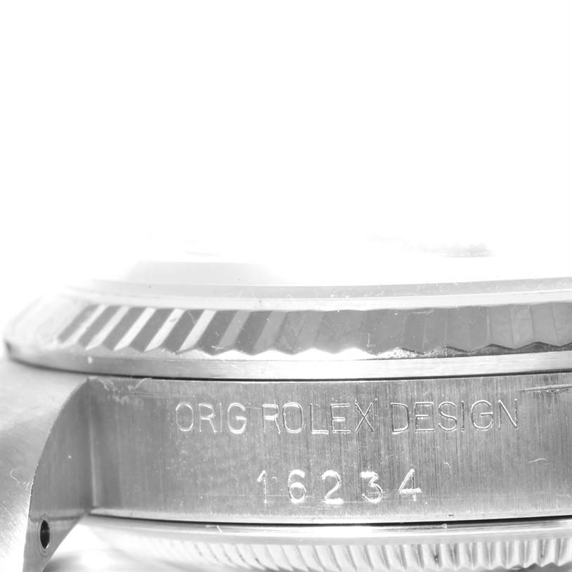 The image shows a close-up of the side and bezel, highlighting the model number engraving of the Rolex Datejust 16234 Men's Stainless Steel Silver Dial 16234 Men's Stainless Steel Silver Dial watch.