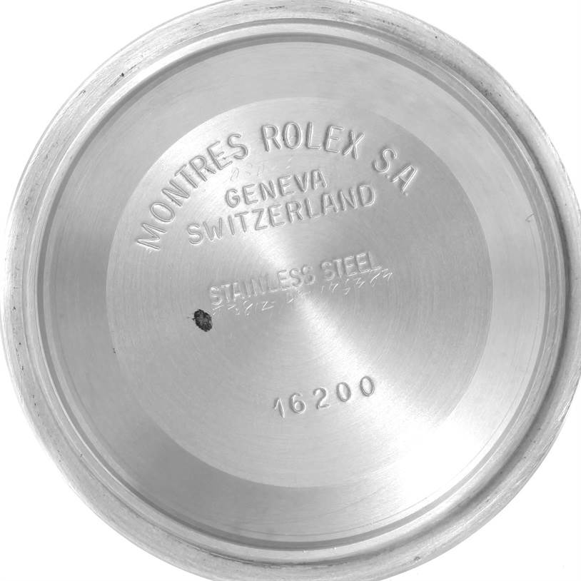 The image shows the inside of the case back of a Rolex Datejust 16234 Men's Stainless Steel Silver Dial 16234 Men's Stainless Steel Silver Dial watch, displaying model number "16200."