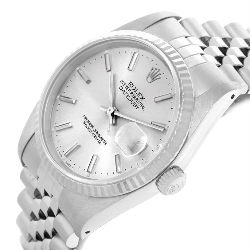 The image shows a Rolex Datejust 16234 Men's Stainless Steel Silver Dial 16234 Men's Stainless Steel Silver Dial watch at an angled side view, displaying the face, case, crown, and part of the bracelet.