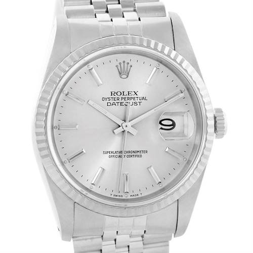Photo of Rolex Datejust Steel 18k White Gold Silver Baton Dial Watch 16234