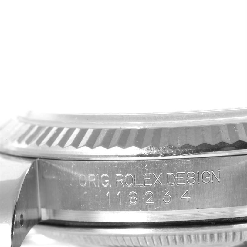 This image shows a close-up side view of the case and bezel of a Rolex Datejust 116234 Men's Stainless Steel White Dial 116234 Men's Stainless Steel White Dial with the engraved model number "116234".
