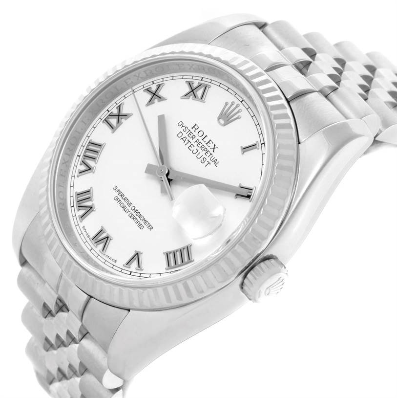 This image shows a close-up, angled view of a Rolex Datejust 116234 Men's Stainless Steel White Dial 116234 Men's Stainless Steel White Dial, highlighting the face, bezel, crown, and part of the bracelet.
