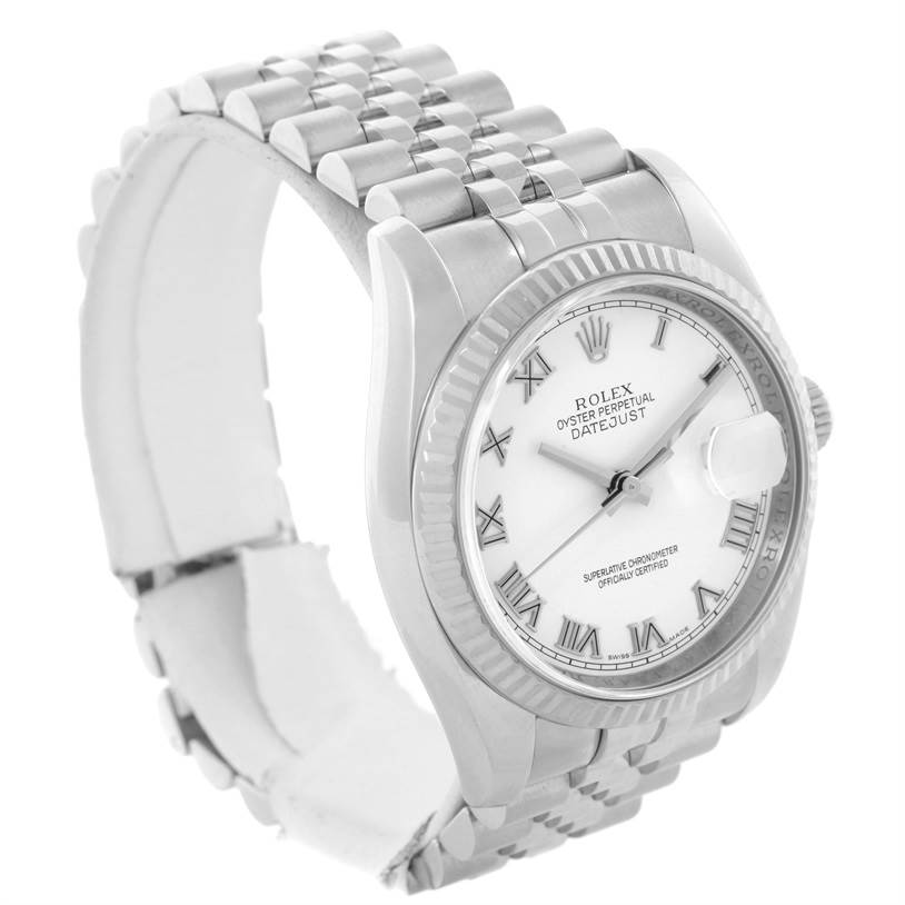 The image shows a Rolex Datejust 116234 Men's Stainless Steel White Dial 116234 Men's Stainless Steel White Dial model from a front-left angle, highlighting its bracelet, case, and dial.