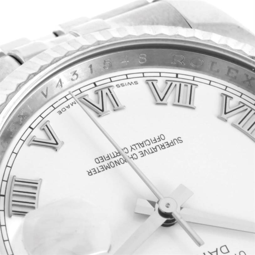 The image shows a close-up of the Rolex Datejust 116234 Men's Stainless Steel White Dial 116234 Men's Stainless Steel White Dial, focusing on the dial, bezel, and part of the bracelet.