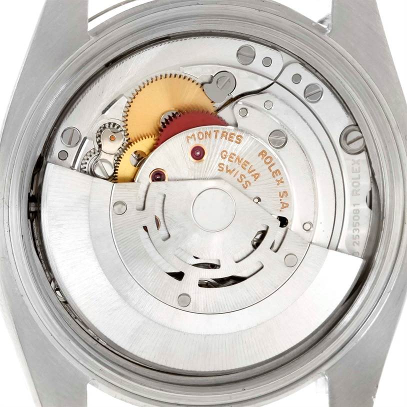 This image shows a close-up view of the movement mechanism inside a Rolex Datejust 116234 Men's Stainless Steel White Dial 116234 Men's Stainless Steel White Dial watch.