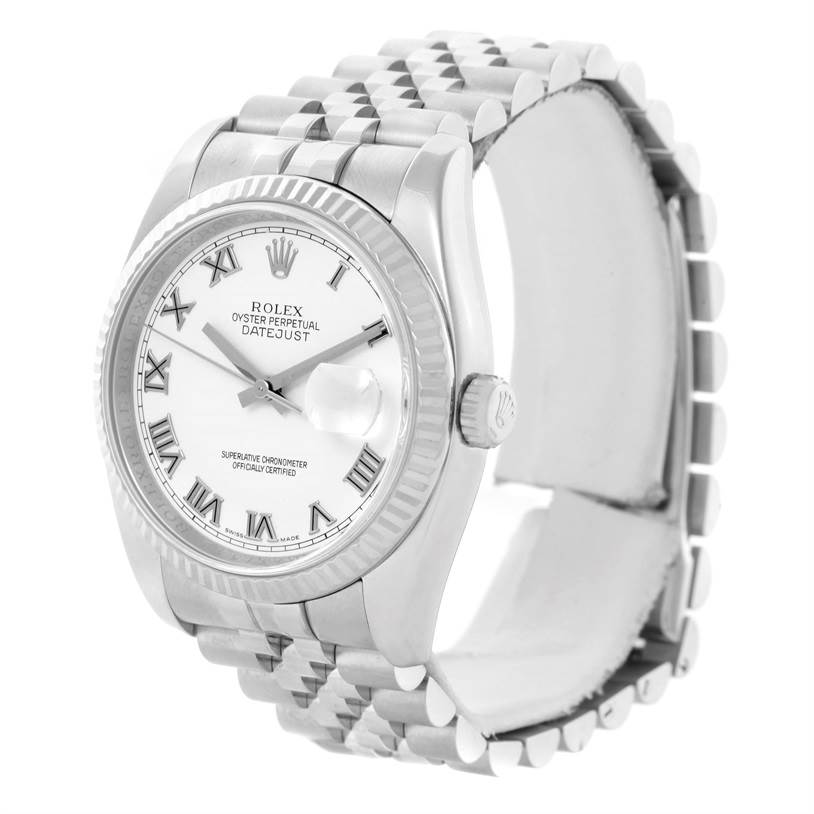 The Rolex Datejust 116234 Men's Stainless Steel White Dial 116234 Men's Stainless Steel White Dial watch is shown at an angled front view, displaying the case, dial, fluted bezel, and jubilee bracelet.
