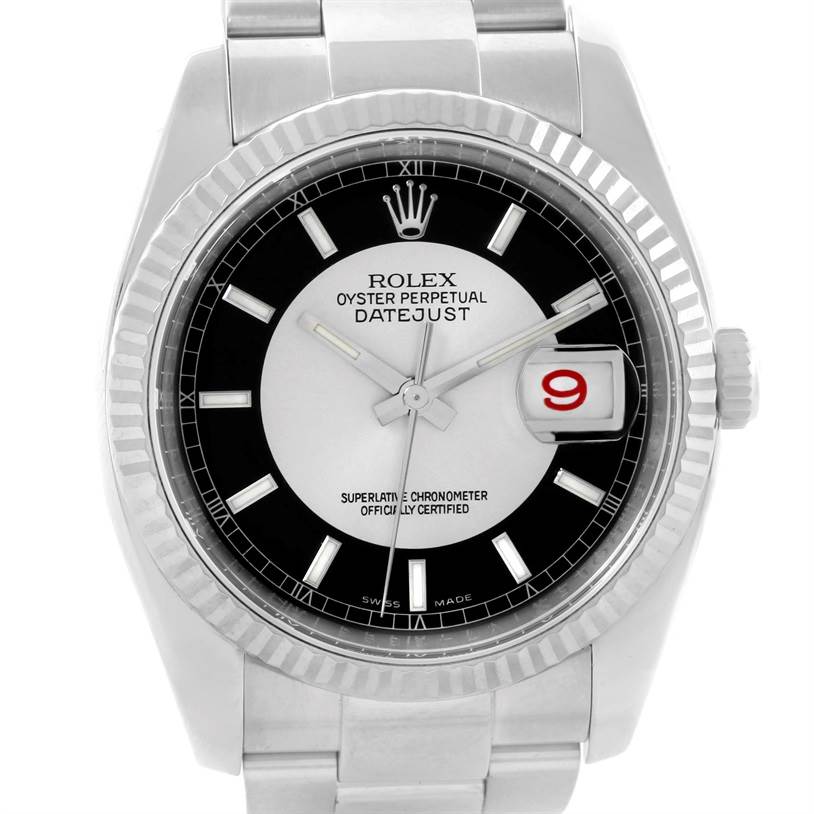 This image shows a front view of a Rolex Datejust 116234 Men's Stainless Steel Silver Dial 116234 Men's Stainless Steel Silver Dial watch featuring a fluted bezel and a black and white dial with a date window.