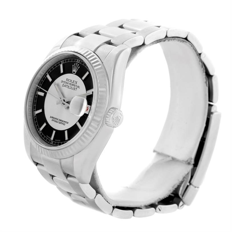 The image shows a side-angle view of the Rolex Datejust 116234 Men's Stainless Steel Silver Dial 116234 Men's Stainless Steel Silver Dial, highlighting its dial, bracelet, and crown.