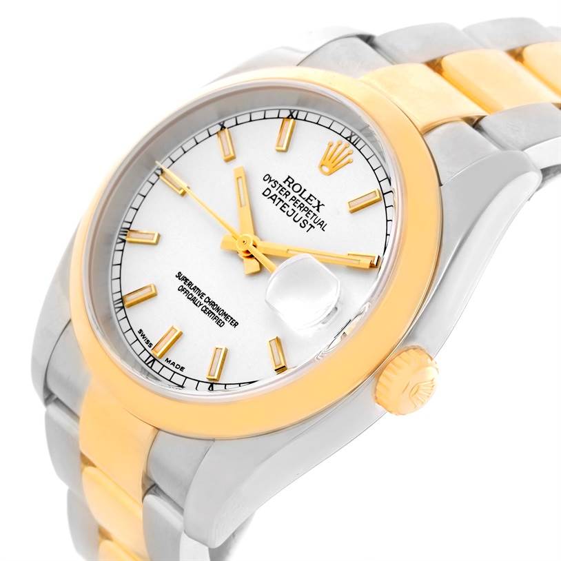 This image shows the Rolex Datejust 116203 Men
s Stainless Steel White Dial 116203 Men
s Stainless Steel White Dial watch from an angled view, highlighting the dial, bezel, crown, and part of the bracelet.
