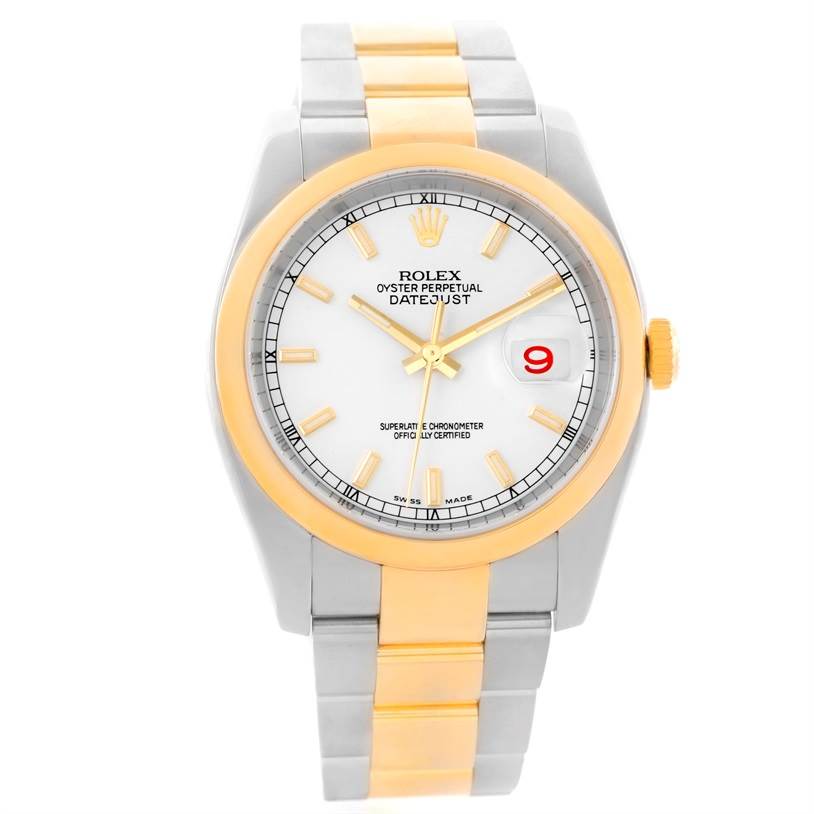 This is a Rolex Datejust 116203 Men
s Stainless Steel White Dial 116203 Men
s Stainless Steel White Dial watch shown from a front angle, displaying the dial, hands, date window, and bracelet.