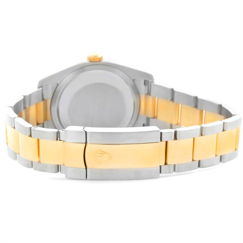 The image shows the back and clasp of a Rolex Datejust 116203 Men
s Stainless Steel White Dial 116203 Men
s Stainless Steel White Dial watch, highlighting its two-tone bracelet.