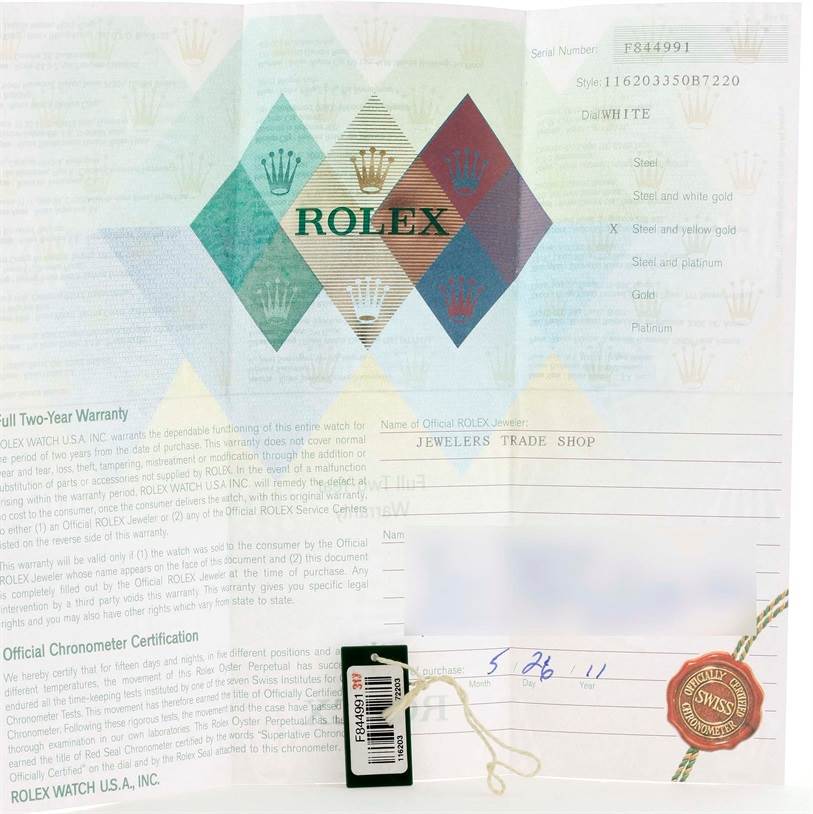 This image shows the warranty card and certificate for a Rolex Datejust 116203 Men
s Stainless Steel White Dial 116203 Men
s Stainless Steel White Dial watch.