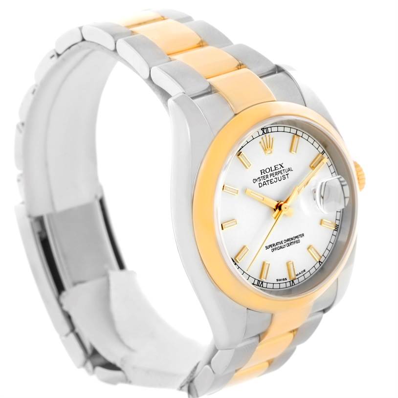 The Rolex Datejust 116203 Men
s Stainless Steel White Dial 116203 Men
s Stainless Steel White Dial watch is shown at a slight angle, displaying its face, bezel, and two-tone bracelet.
