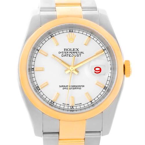 Photo of Rolex Datejust Steel 18K Yellow Gold White Baton Dial Watch 116203