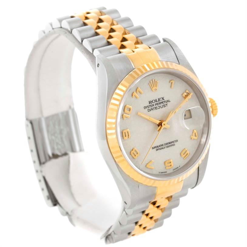 The image shows a side-angle view of a Rolex Datejust 16233 Men's Steel and Gold (two tone) Beige Dial 16233 Men's Steel and Gold (two tone) Beige Dial, highlighting its silver and gold case, bracelet, dial, and date magnifier.