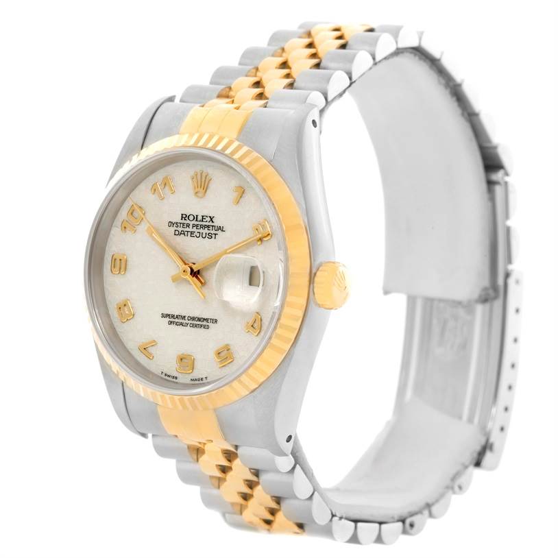 The image shows a Rolex Datejust 16233 Men's Steel and Gold (two tone) Beige Dial 16233 Men's Steel and Gold (two tone) Beige Dial watch angled to showcase its face, bezel, crown, and two-tone bracelet.