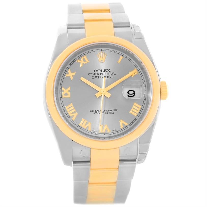 The image shows a front view of a Rolex Datejust 116203 Men's Stainless Steel Grey Dial 116203 Men's Stainless Steel Grey Dial watch with a two-tone band and Roman numeral markers.