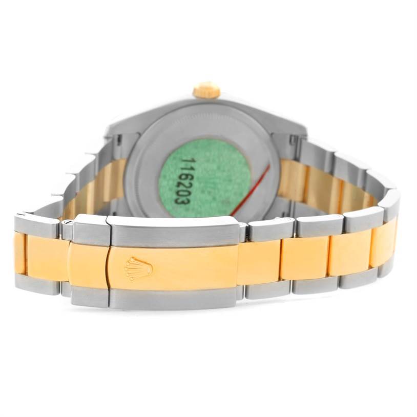 The image shows the back and clasp of a Rolex Datejust 116203 Men's Stainless Steel Grey Dial 116203 Men's Stainless Steel Grey Dial watch, with a two-tone metal bracelet.
