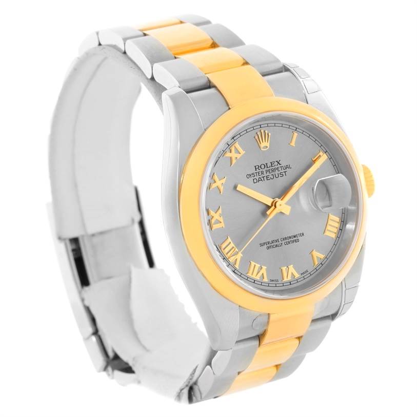 This image of a Rolex Datejust 116203 Men's Stainless Steel Grey Dial 116203 Men's Stainless Steel Grey Dial watch shows an angled view featuring the face, bezel, and two-tone bracelet.
