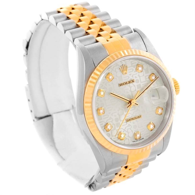 The image shows a Rolex Datejust 16233 Men's Steel and Gold (two tone) Silver Dial 16233 Men's Steel and Gold (two tone) Silver Dial watch from a three-quarter angle, highlighting its two-tone bracelet and gold fluted bezel.