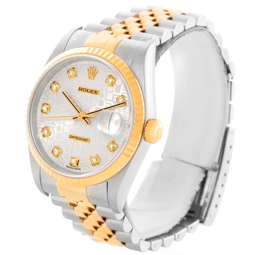 The image shows a Rolex Datejust 16233 Men's Steel and Gold (two tone) Silver Dial 16233 Men's Steel and Gold (two tone) Silver Dial watch angled to display the face, bezel, and the Jubilee bracelet.